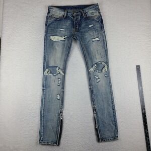 MNML Jeans Mens 31x33 Blue Skinny Ankle Zip Light Wash Distress Button Fly Denim